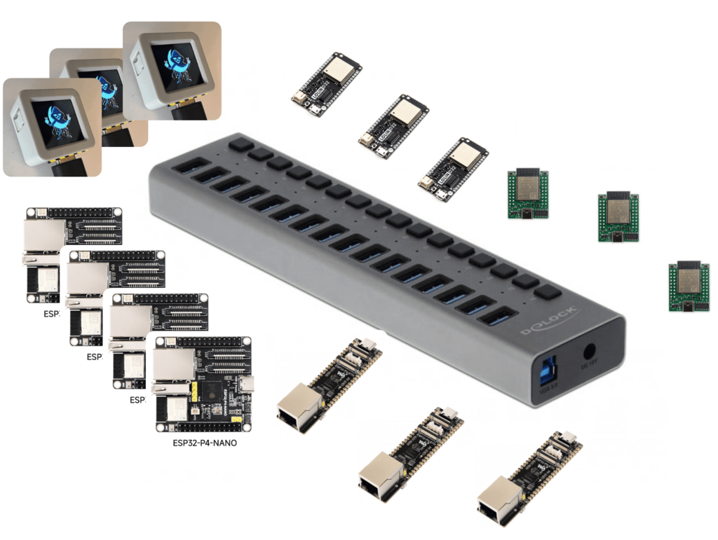 Photo of the device farm: several ESP32 boards on a rack, USB cables connected